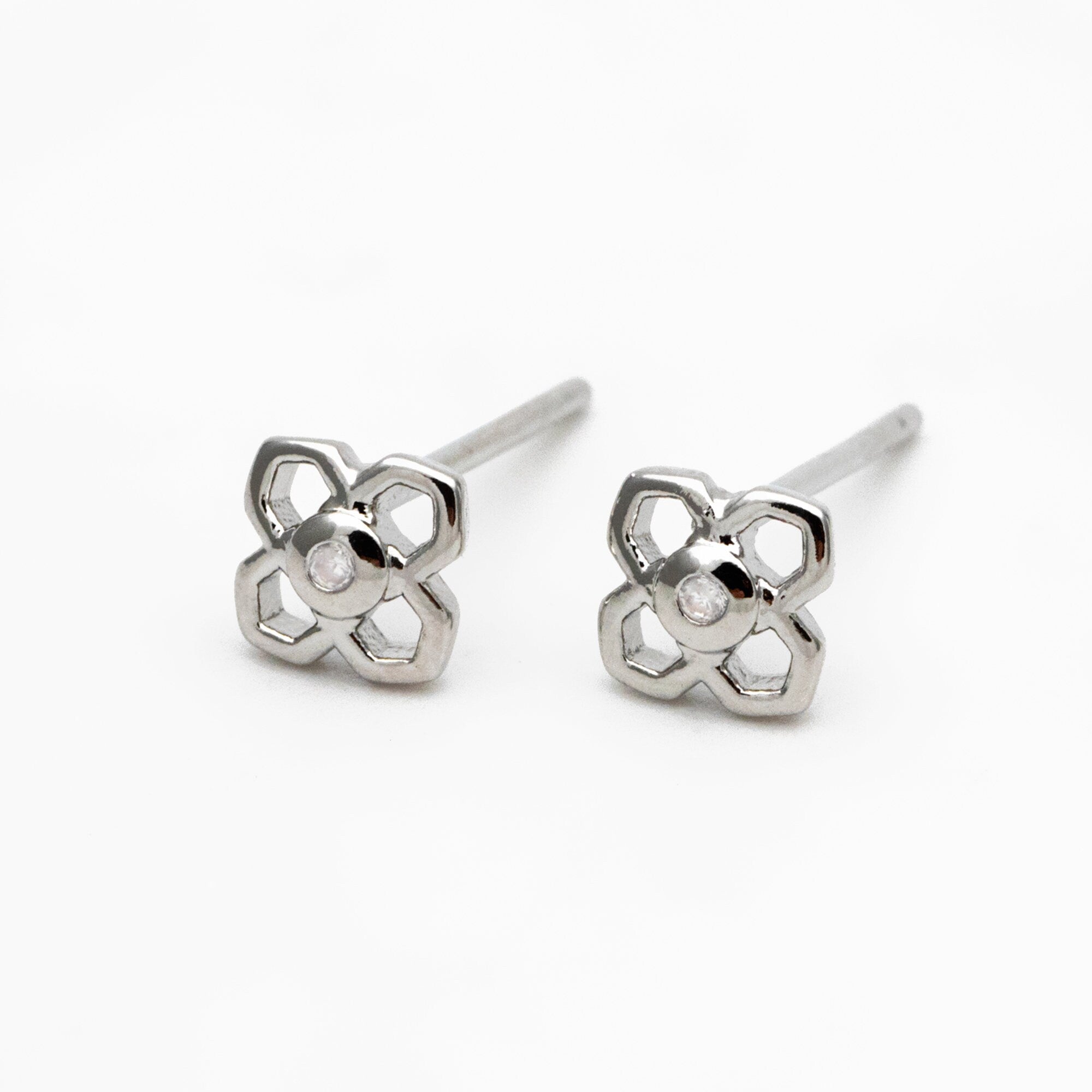 10pcs CZ paved Gold/ Silver Flower Earrings, 5mm, Gold/ Rhodium Plated Brass Dainty Stud Earrings, DIY Ear Findings (GB-3381-F)